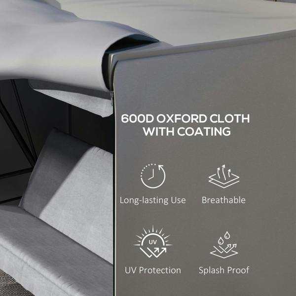 Light grey Oxford-cloth chair cover panel with visible stitched edge and front trim