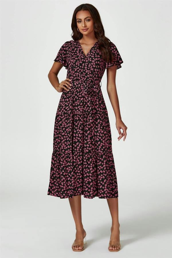 FS Collection Pink Floral Print Wrap Midi Dress In Black