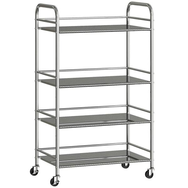 Silver 4-tier stainless steel kitchen storage trolley with adjustable shelves and wheels