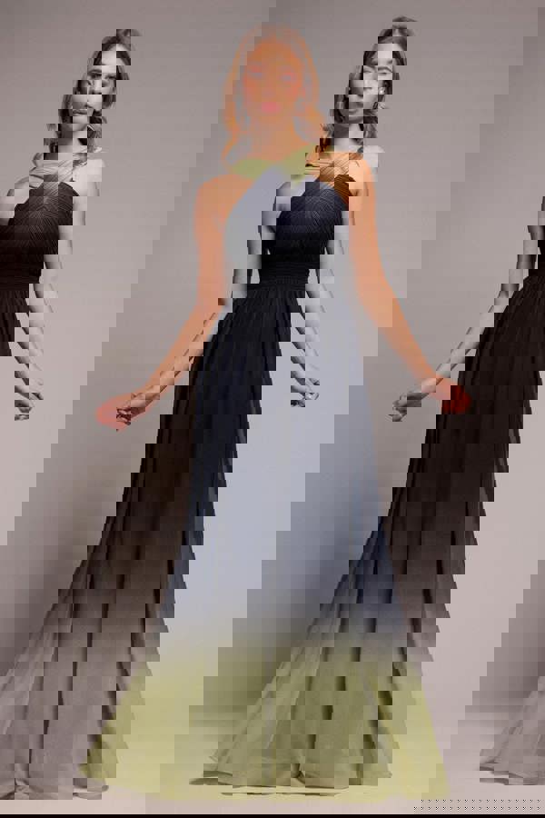 Ombre Cross Front Pleated Maxi Dress - Lime Ombre DR4188