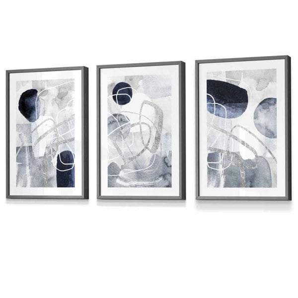 Artze Wall Art Abstract Blue and Silver Shapes Set of 3 Framed Art Prints