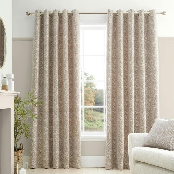 Bianca Chenille Leaves Lined Eyelet Curtains Natural