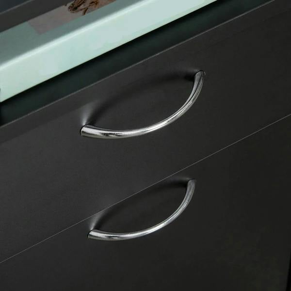 Black cabinet drawers with curved chrome handles, showing two drawer fronts