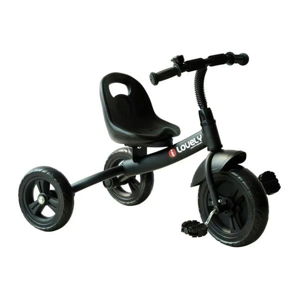 Black kids 3-wheel tricycle with curved seat, spring fork, and treaded wheels