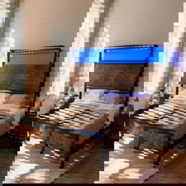 Furniture One Double Bed Frame with 4 Storage Drawers, Metal Bed Frame with LED lights and Charging Station, USB and Type-C charging port