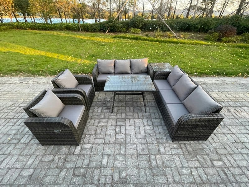 Fimous 8 Seater Dark Grey Mixed Rattan Outdoor Sofa Dining Set - 3-Seater Sofa & Rectangular Dining Table