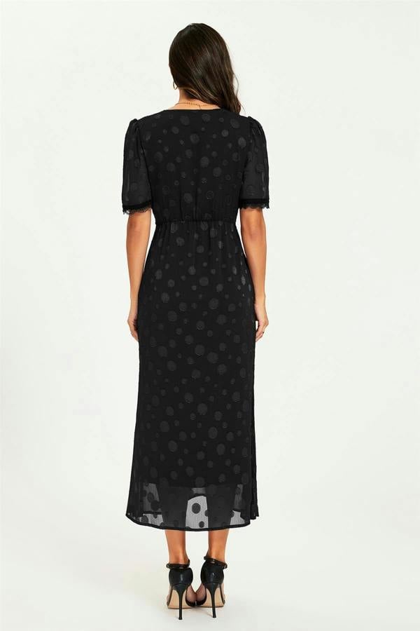 FS Collection Polka Dot Jacquard Lace Trim Midi Dress In Black