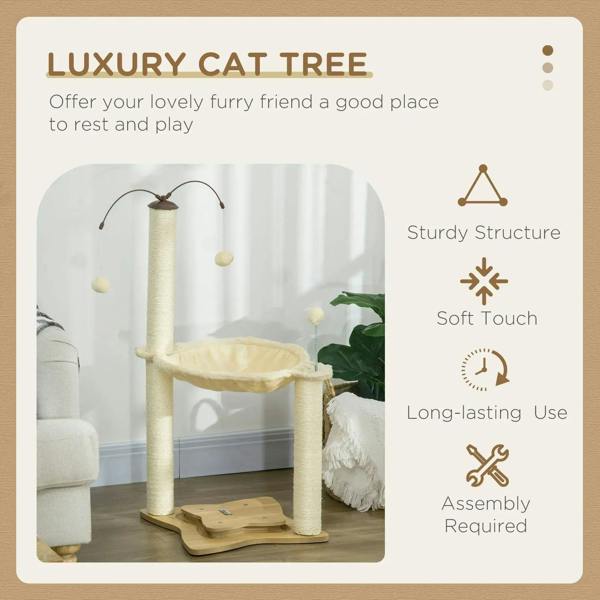 Beige cat tree with hammock perch and top scratching post