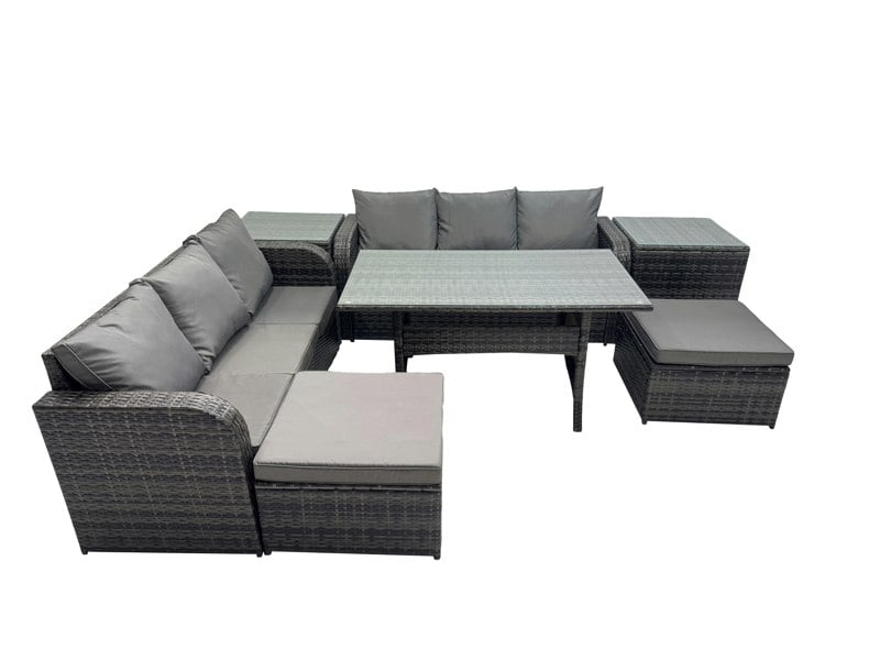 Fimous 8 Seat Outdoor Wicker PE Rattan Garden Furniture Set Dining Table Sofa Set with 2 Big Stools 2 Side Tables Dark Grey Mixed