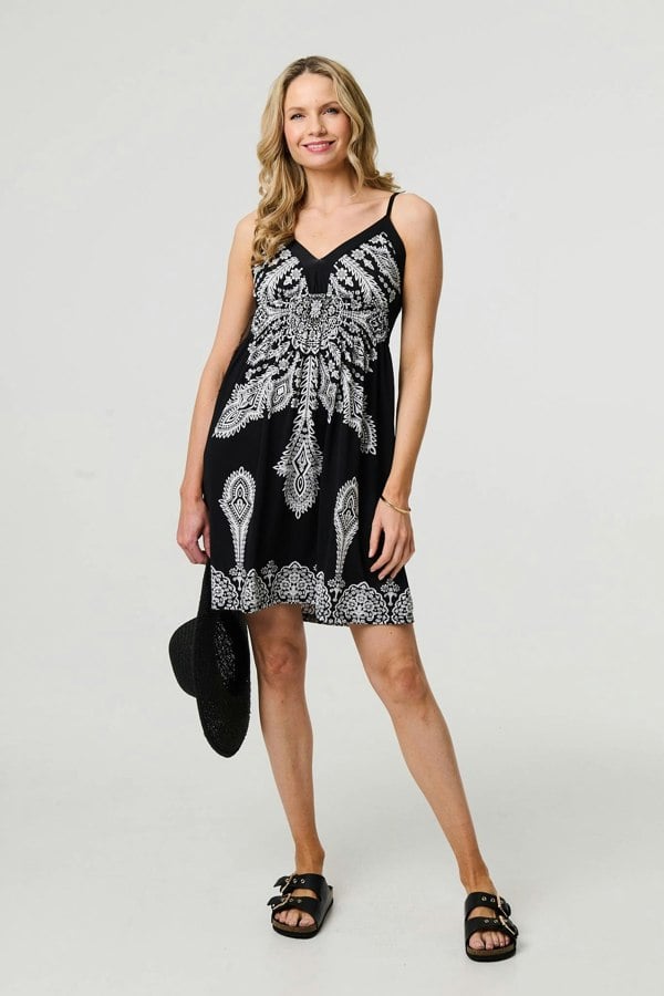 Black | Printed Cami Strap Short Sun Dress
