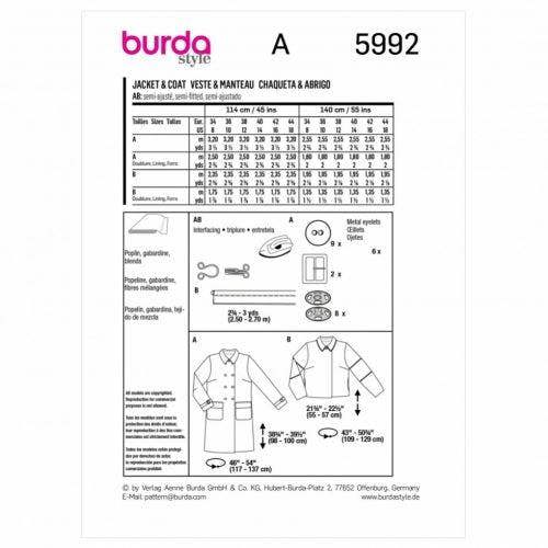Burda Sewing Pattern 5992 Coats and Jackets For Women, 8-18 (34-44) - Intermediate