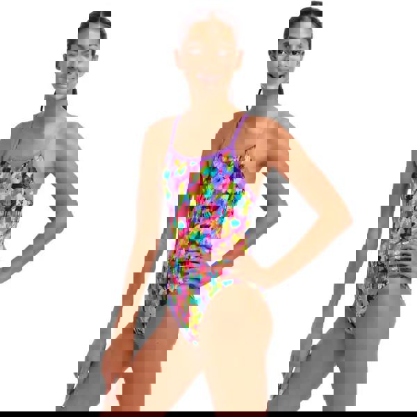 Funkita girls mess match single strap swimsuit in multicolored abstract print with purple trim