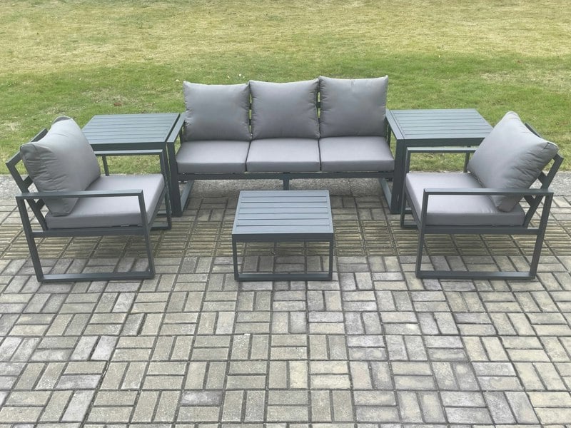 Fimous Aluminium Outdoor Garden Furniture Set Lounge Sofa 2 PC Chairs Square Coffee Table Sets with 2 Side Tables Dark Grey