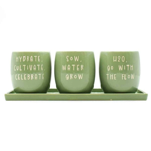 Upper Street Set of 3 Green Slogan Ceramic Planters with Tray