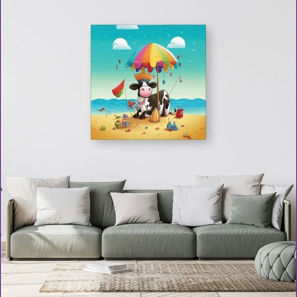 Warren Reed Cow On A Beach Holiday Canvas