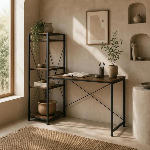 Wyld Haus Ledo 120cm Rustic Brown And Black Reversible Industrial Home Office Desk With Side Shelving