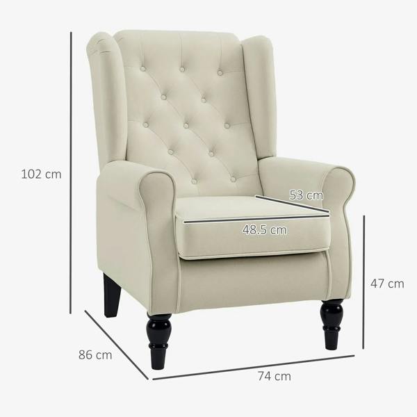 Cream wingback accent chair with button-tufted back; includes size measurements
