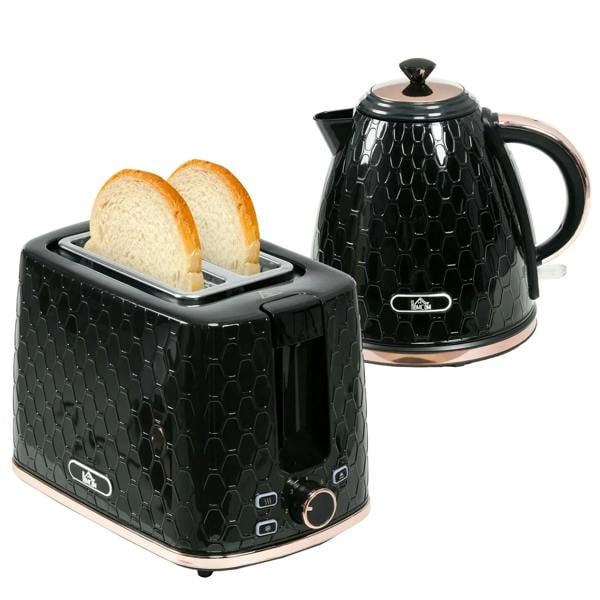 Black electric kettle and 2-slice toaster with golden bread slices on the slots