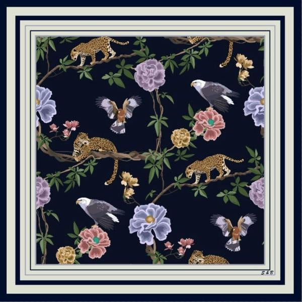 Midnight Safari Wool Silk Scarf – Animal Print Wrap, Hand-Rolled Hem, Winter Gift