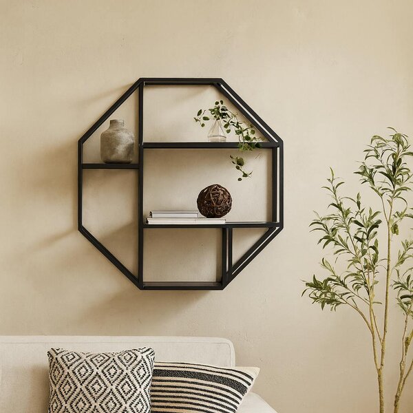 Wyld Haus El Paso Black Metal Octagonal Wall Shelf 4 Black Wooden Shelves