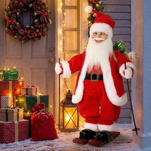 Bobobiy 2ft Singing Skiing Santa Claus, Standing Christmas Animated Santa Figure with Ski Board, Sack, Sound/Touch Activated