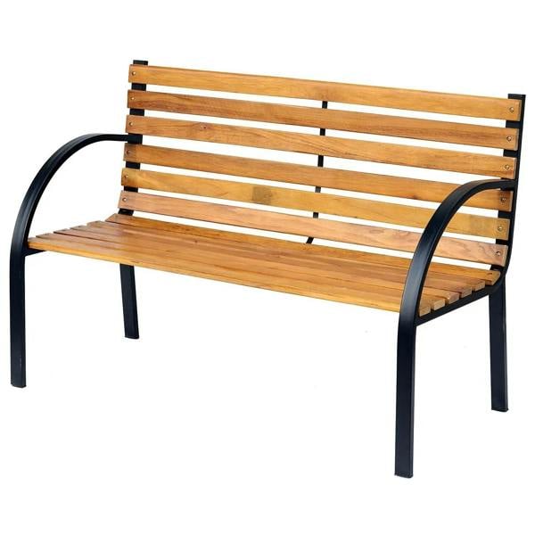 Black steel frame and natural wood slat 2-seat garden bench with curved armrests
