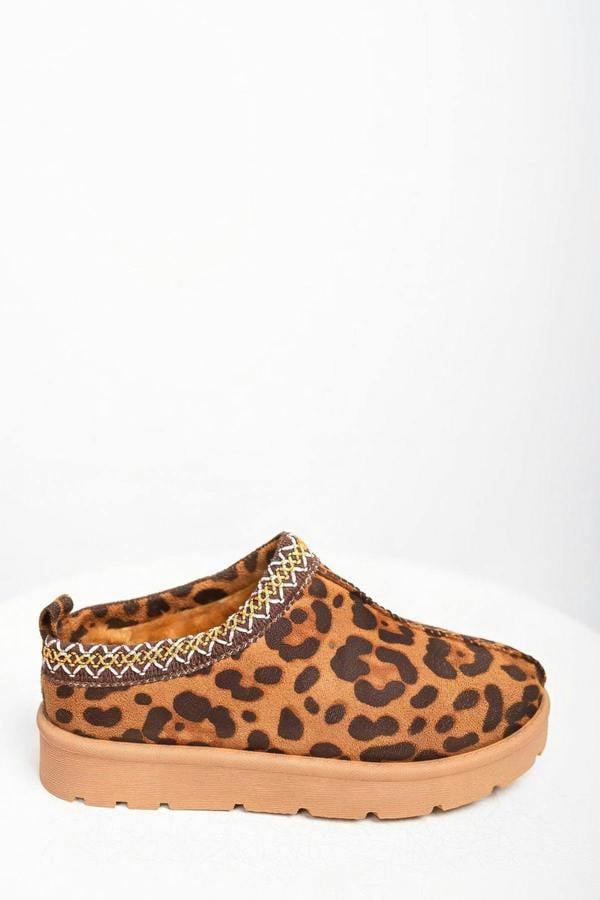Ravina Chunky Slip On Suede Slippers With Stitch Detail - Leopard