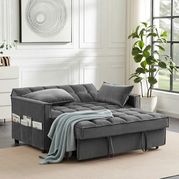 Madrid Velvet 2 Seater Pullout Sofa Bed in Grey