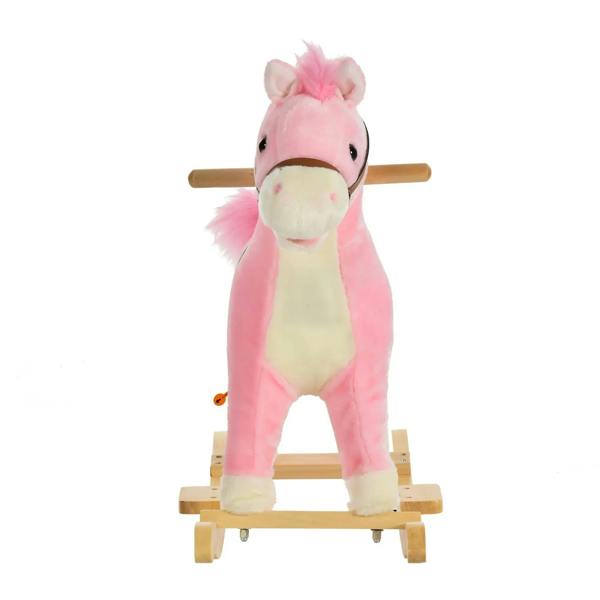Pink plush rocking horse toy standing on light wood rocker base