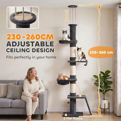 PawHut Floor to Ceiling Cat Tree, 230-260 cm Adjustable Cat Tower Dark Grey