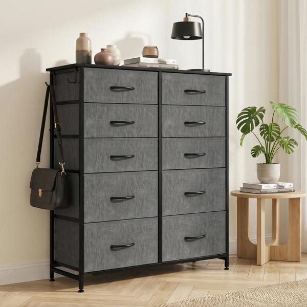 HOMCOM Fabric Chest of Drawers, 10 Drawer Dresser for Bedroom, Grey