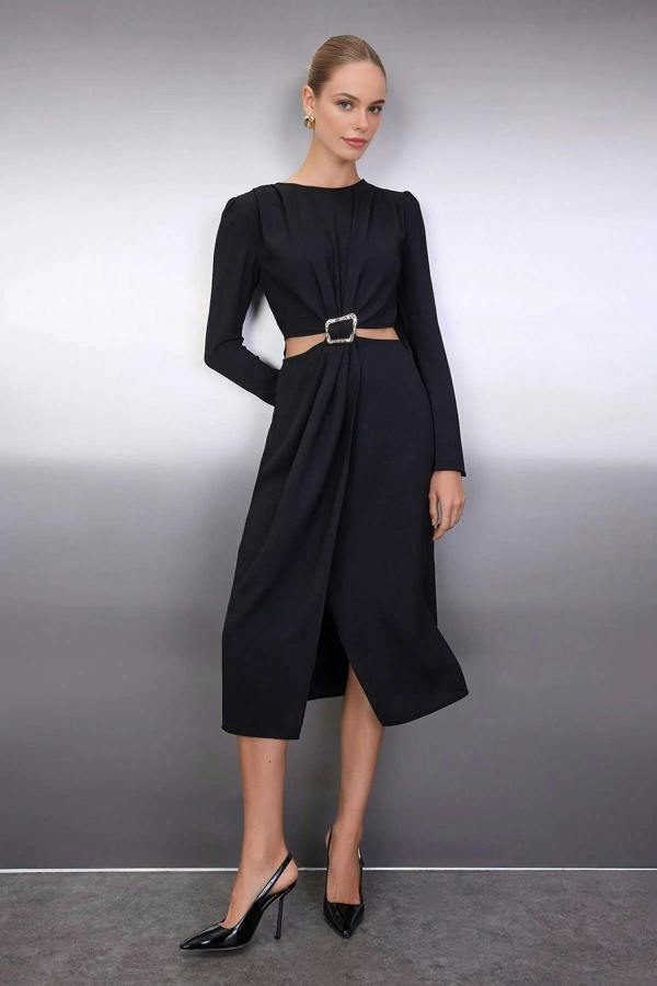WOVCOR Wrap Skirt Midi Woven Dress with Cut Out and Accessory Detail