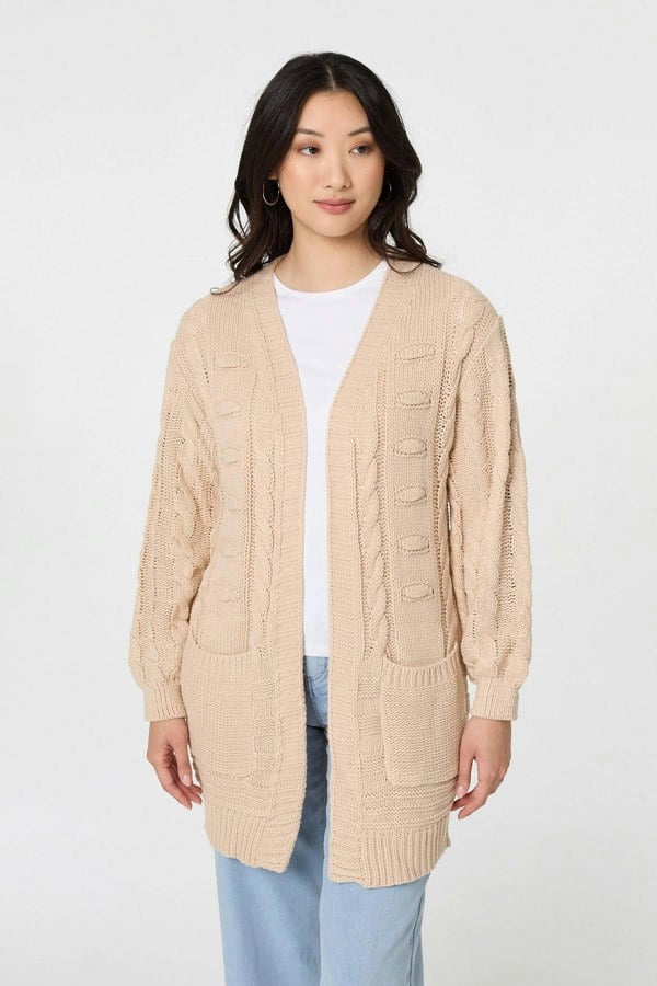 Beige | Longline Cable Knit Texture Cardigan
