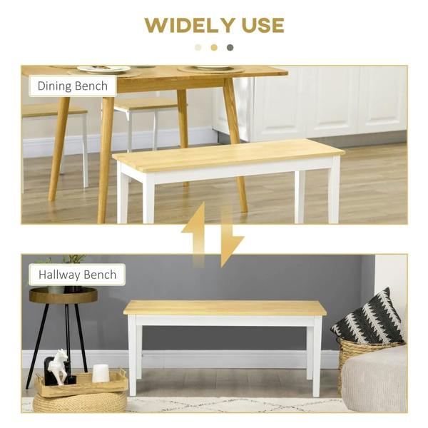 Versatile wood bench for dining or entryway with white frame and pine top.