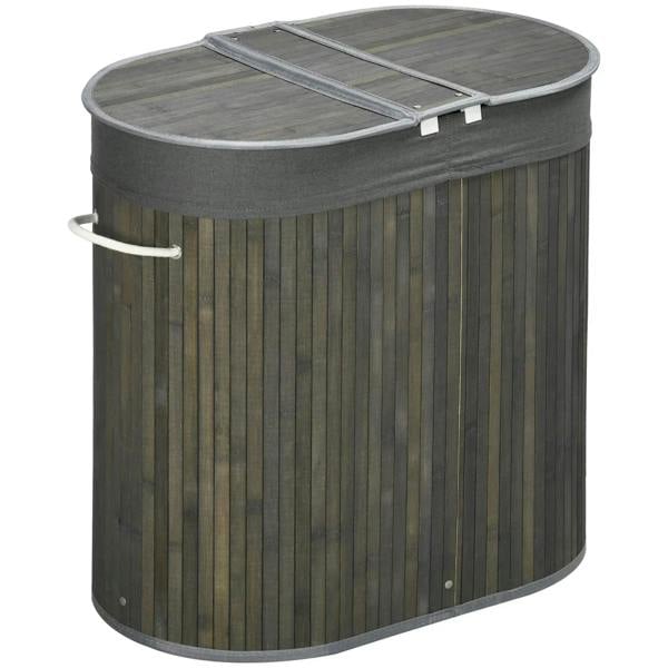 Grey bamboo laundry basket with lid and fabric-lined top, two-section lid straps