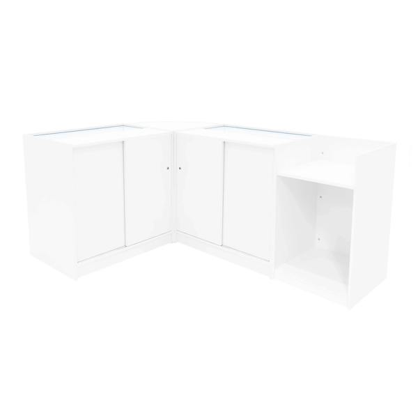 Vega LED Shop Counter Set in sleek white finish, featuring a modern corner design with glass display tops and storage cabinets