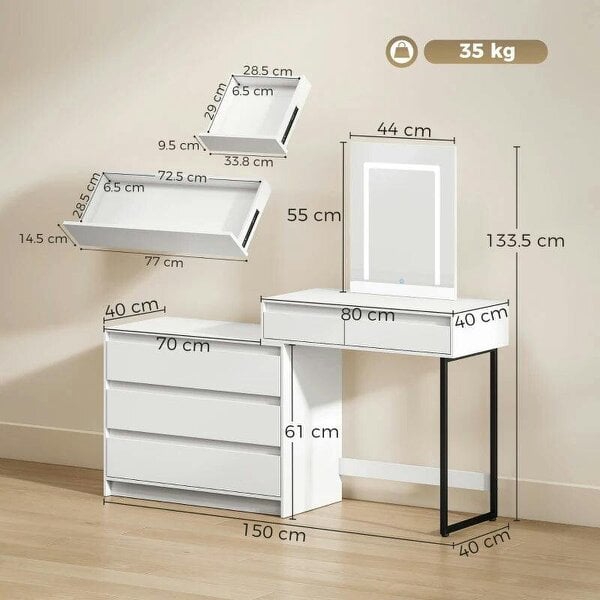 Vanity Makeup Desk LED Mirror Dressing Table Large Storage 5 Drawers White