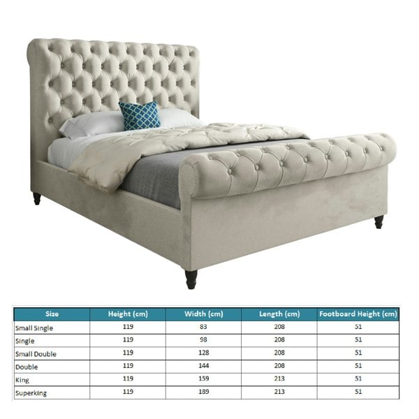 Casa Magna Sienna Sleigh Upholstered Soft Velvet Bed Frame - Cream