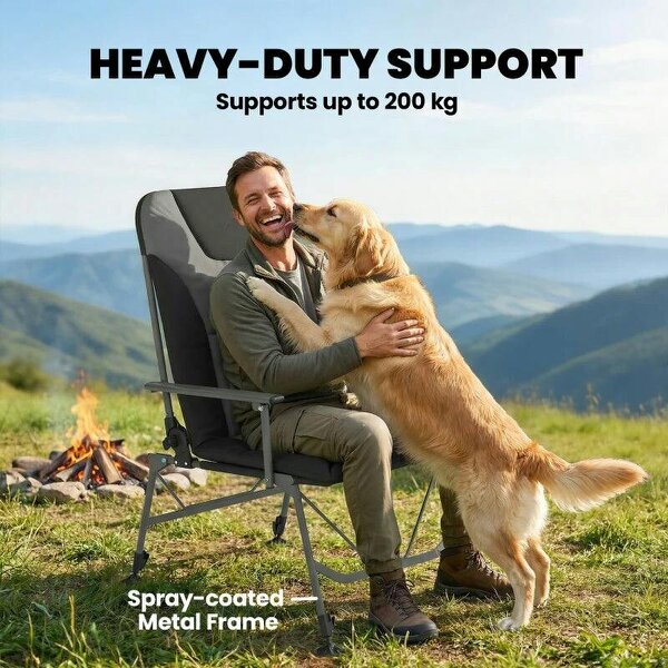 Camping Chair Padded Reclining Folding Chair with Wide Armrests for Adults Black
