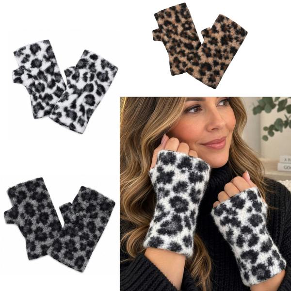 Love EMVY Ladies Leopard Print Fleece Lined Fingerless Mittens