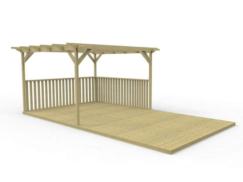 Rectangular pergola and decking kit with balustrade, made from pressure treated timber and high quality pergola posts, featuring a raised wooden deck, vertical slatted balustrade, and an open pergola roof frame.