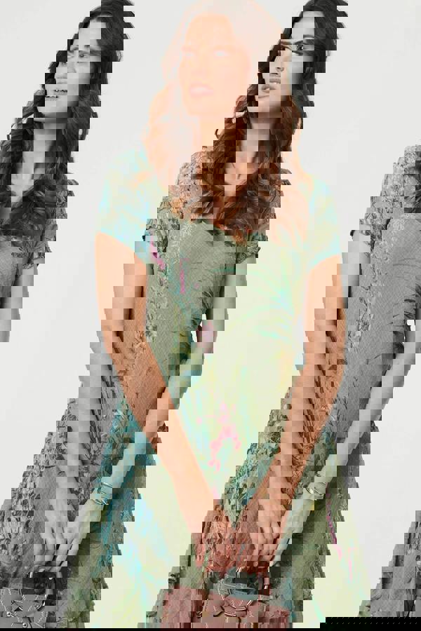 Green | Floral Layered Short Sleeve Midi Dress