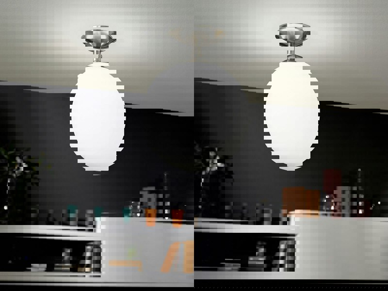 Flush Ceiling Light Satin Nickel Shade White Glass Opal Matt Bulb E27 1x60W Loops