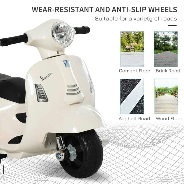White kids electric scooter front wheel and headlight; wear-resistant anti-slip tires
