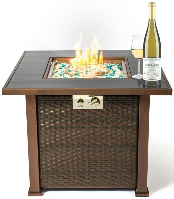 MDA Designs Ostara Stylish Bronze Wicker Garden and Patio Gas Fire Pit Multi-Purpose Glass Tabletop Outdoor Smoke-Free Heater