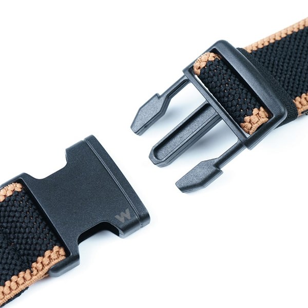 mens fabric belt in black showing both sides of the buckle when open