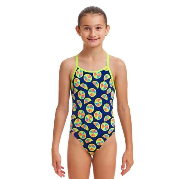 Funkita Girls You Lemon Diamond navy one-piece swimsuit with colorful wheel pattern
