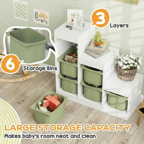 Bobobiy Toy Storage Organiser, Three-Layer Kids Toy Storage Units, with Removable Bins, for Ages 3-8 Years, Green