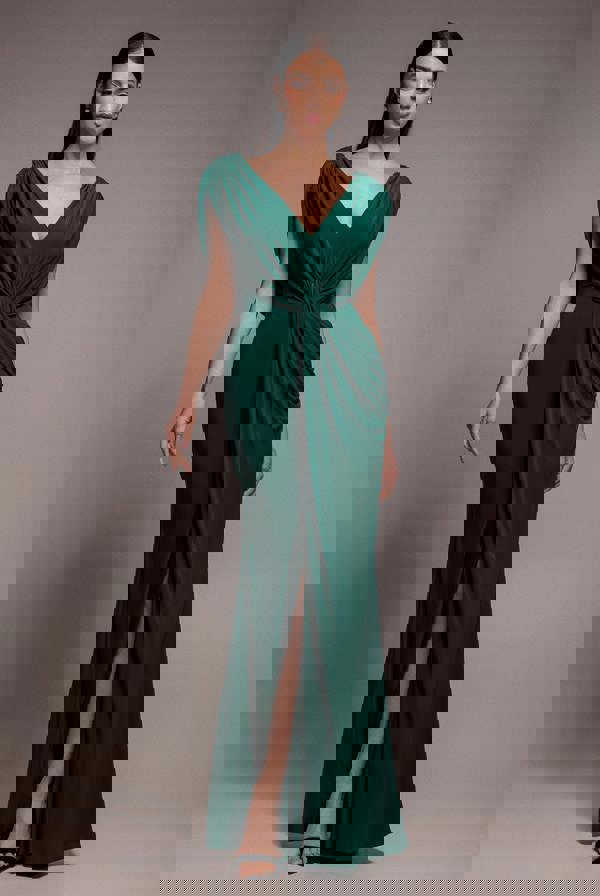 Cowl Plunge Draped Mermaid Maxi Dress - Emerald Green DR4879