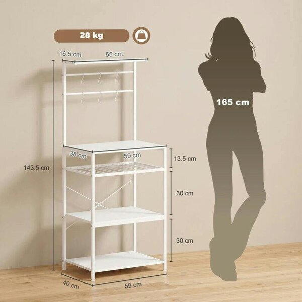 Freestanding Shelving Unit, Industrial Storage Shelf with 6 Hooks and Wine Rack for Living Room, Home Office, White